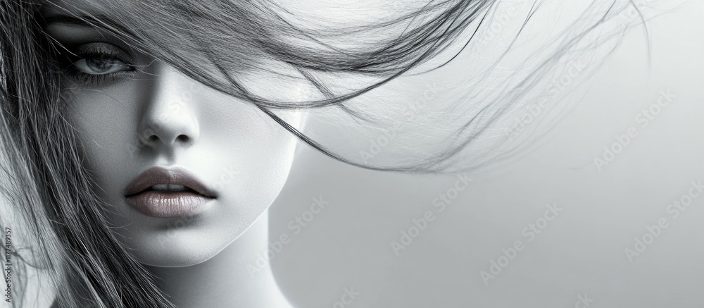 Elegant portrait of a beautiful girl with flawless skin and flowing hair on a soft gray background with ample empty copyspace for text placement Elegant portrait of a beautiful girl with flawless skin and flowing hair on a soft gray background with ample empty copyspace for text placement