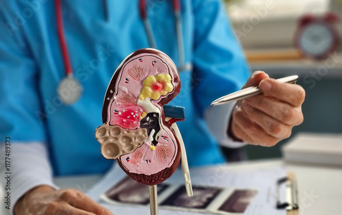 Konstfotografi Doctor urologist holds model of kidney