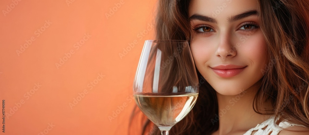 Beautiful Lebanese Young Woman Holding Glass of White Wine Against Warm Orange Background with Ample Copyspace for Text Representation Beautiful Lebanese Young Woman Holding Glass of White Wine Against Warm Orange Background with Ample Copyspace for Text Representation