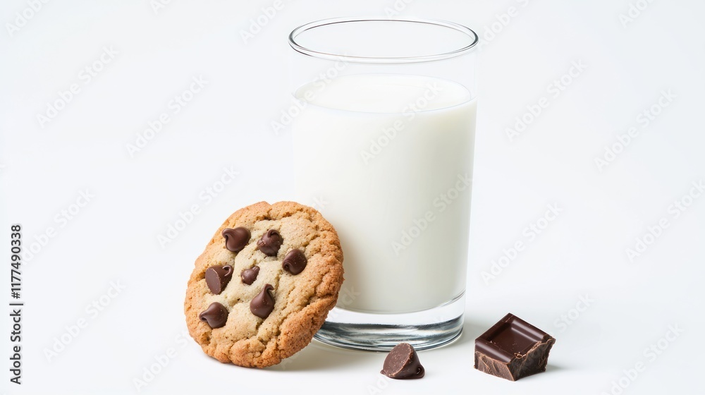 A glass of milk with a chocolate chip cookie and chocolate pieces. A glass of milk with a chocolate chip cookie and chocolate pieces.