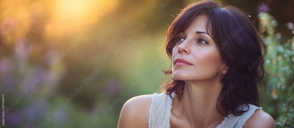 Fototapeta premium mature brunette woman in a sunlit garden surrounded by wildflowers with soft golden sunlight creating an inviting atmosphere for text placement