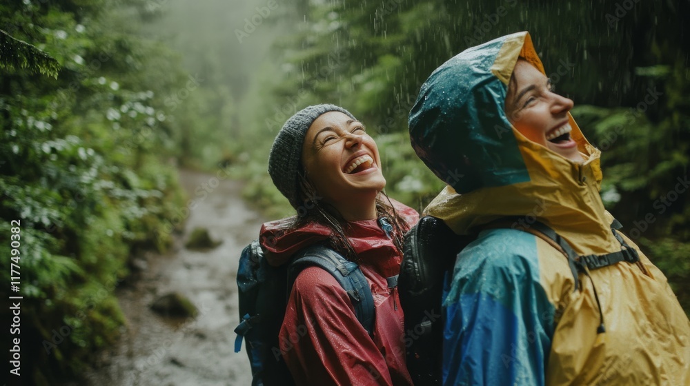 Two happy hikers enjoy the rain in a lush forest, smiling and embracing the outdoor adventure together. Two happy hikers enjoy the rain in a lush forest, smiling and embracing the outdoor adventure together.