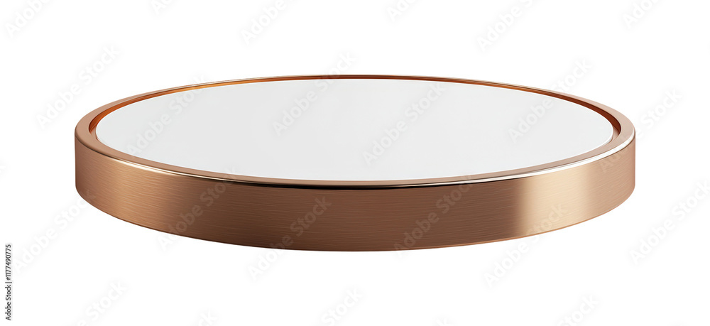 Modern copper circular platform with white surface artistic display indoor setting elevated perspective minimalist design for home isolated on transparent background Modern copper circular platform with white surface artistic display indoor setting elevated perspective minimalist design for home isolated on transparent background