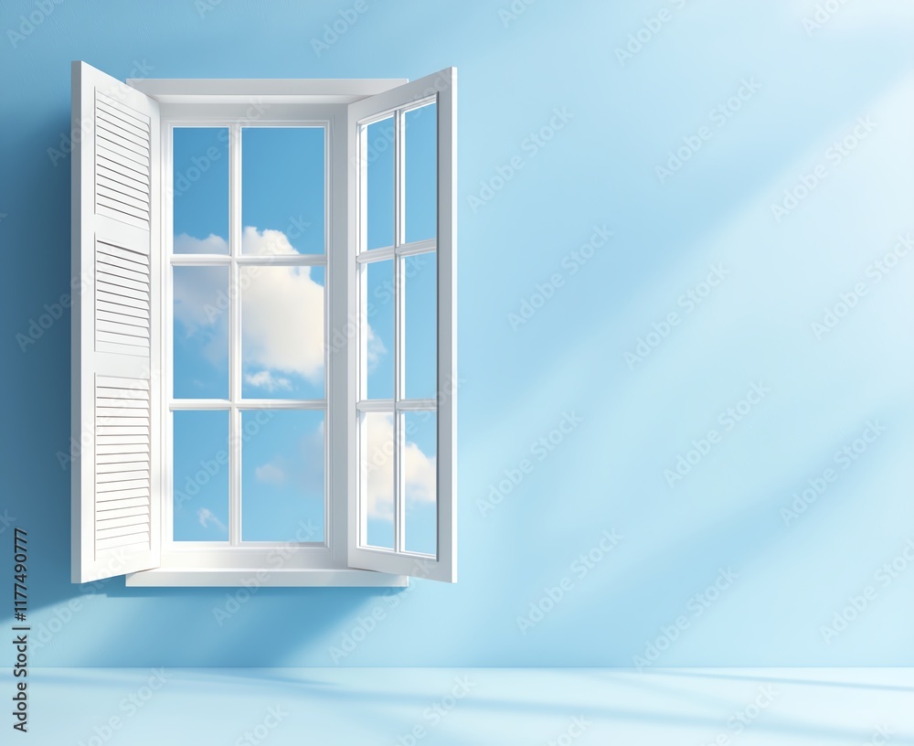 Open window on a sunny day with blue sky and fluffy clouds Open window on a sunny day with blue sky and fluffy clouds