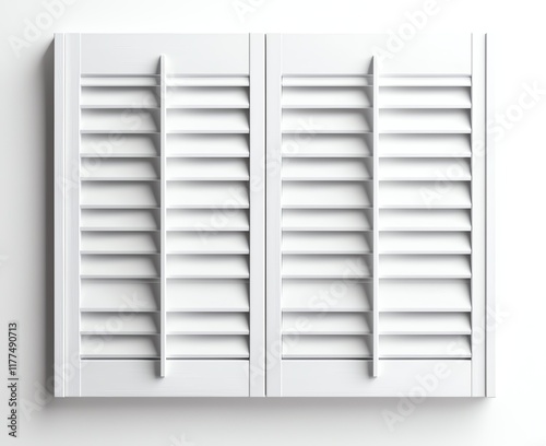 Classic white wooden window shutters with horizontal slats, providing a vintage architectural touch. Perfect element for traditional home designs and interior styling concepts. photo