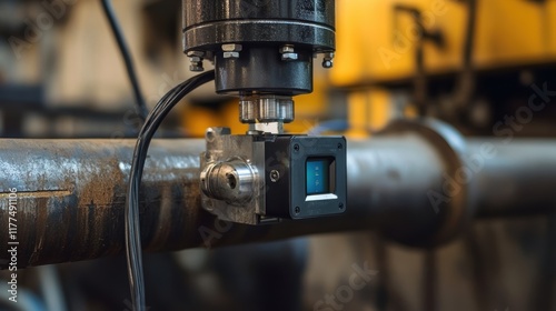 Close up of an ultrasonic sensor attached to a large pipeline, performing diagnostics and ensuring structural integrity in an industrial setting