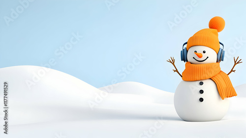 Happy snowman listening to music in snowy landscape; winter holiday greeting card.