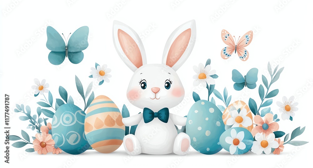 Obraz premium Charming Easter bunny illustration with decorated eggs and whimsical butterflies surrounded by spring flowers. Perfect for festive celebration themes and spring holiday designs.