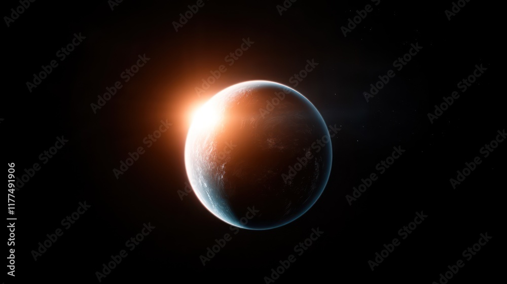 A planet illuminated by a sunrise in the vastness of space. A planet illuminated by a sunrise in the vastness of space.