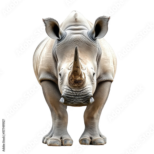 close-up view of a rhinoceros standing upright. showcasing its distinct horn and robust body against a plain white background the focus highlights the animal's unique features and textures. emphasizin photo