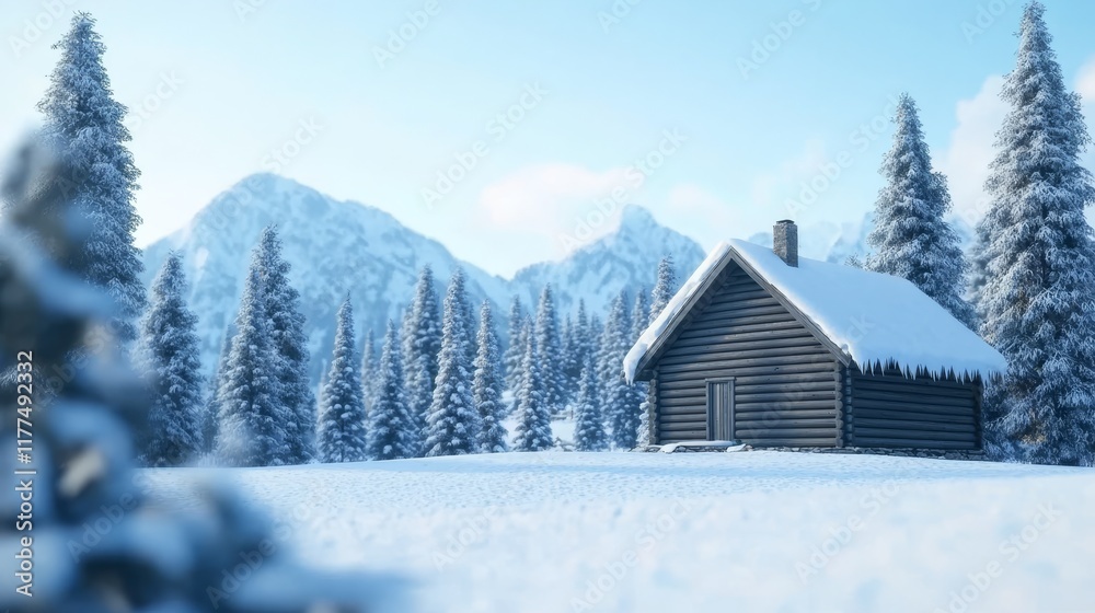 Rustic Winter Cabin in Snowy Mountains - A cozy wooden cabin nestled in a snowy mountain landscape, symbolizing peace, solitude, winter wonderland, escape, and tranquility. Rustic Winter Cabin in Snowy Mountains - A cozy wooden cabin nestled in a snowy mountain landscape, symbolizing peace, solitude, winter wonderland, escape, and tranquility.