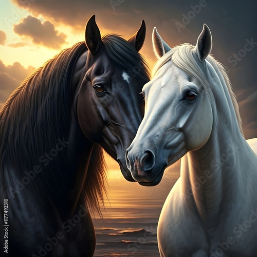Digital matte painting with portraits of a black horse and a white horse.