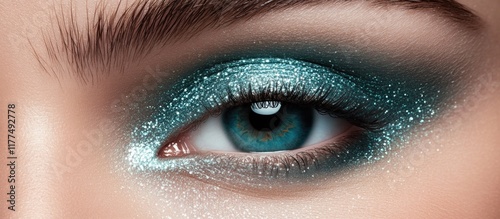 Macro shot of a human female eye showcasing aquamarine eyeshadow with a shimmering teal hue against a soft focus background, perfect for beauty marketing.