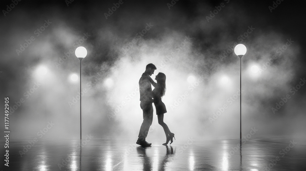romantic couple embraces in foggy, dimly lit setting romantic couple embraces in foggy, dimly lit setting
