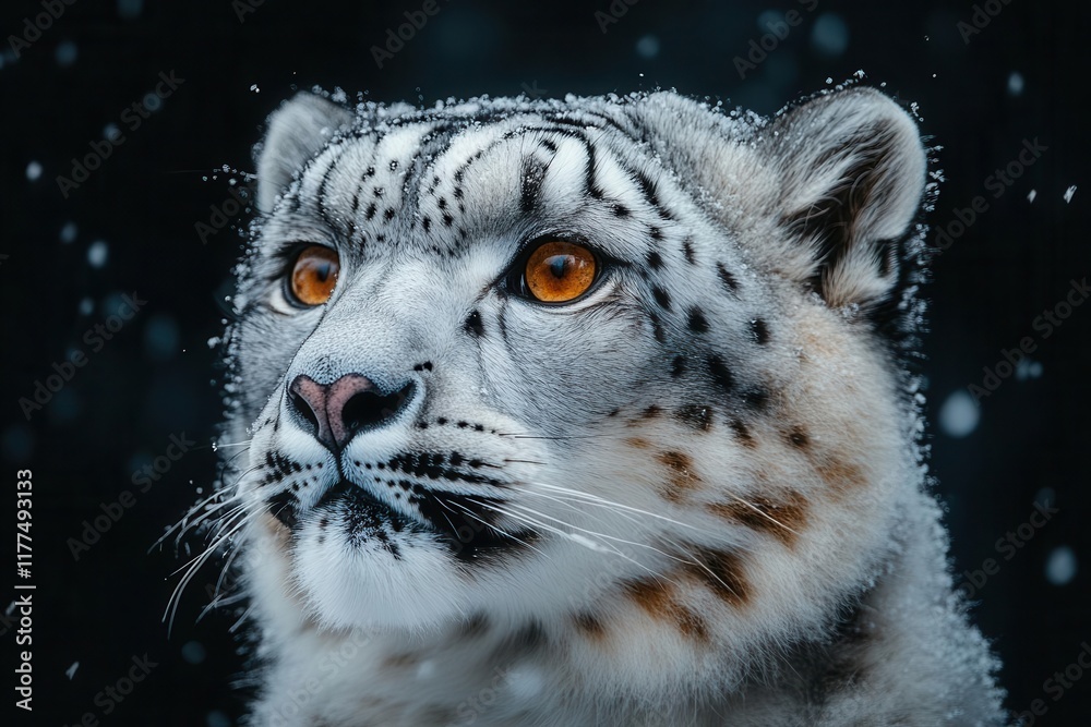 Obraz premium majestic snow leopard portrait in dramatic black background with intense eyes and detailed fur texture, wildlife photography in studio setting