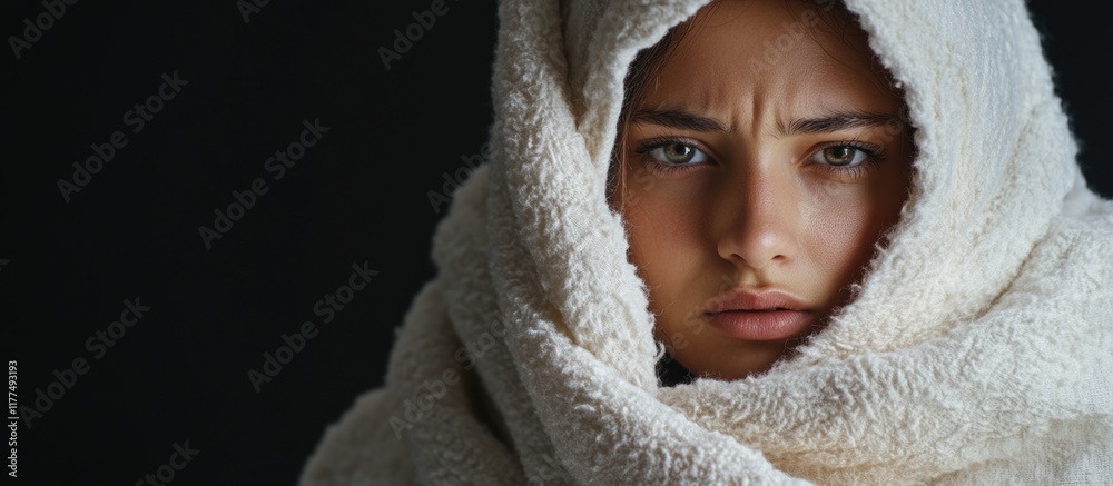 Obraz premium Sick Young Woman Wrapped in White Blanket with Concerned Expression, Indoor Natural Light, Emotional Cold and Flu Concept on Dark Background