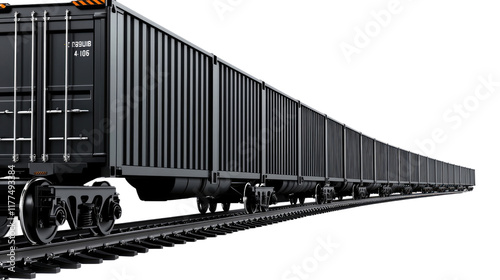 Long Freight Train on Railway Tracks, Black Cargo Cars
