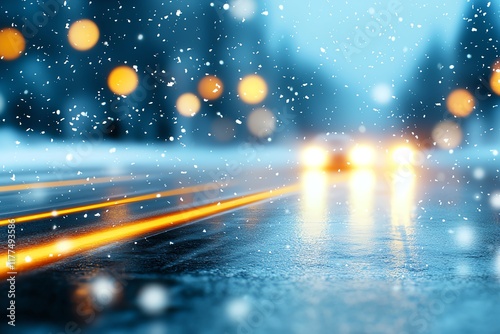 Blurred city street lights on a snowy night, with glowing orange streaks from car headlights reflecting on wet asphalt, creating a magical winter atmosphere. photo