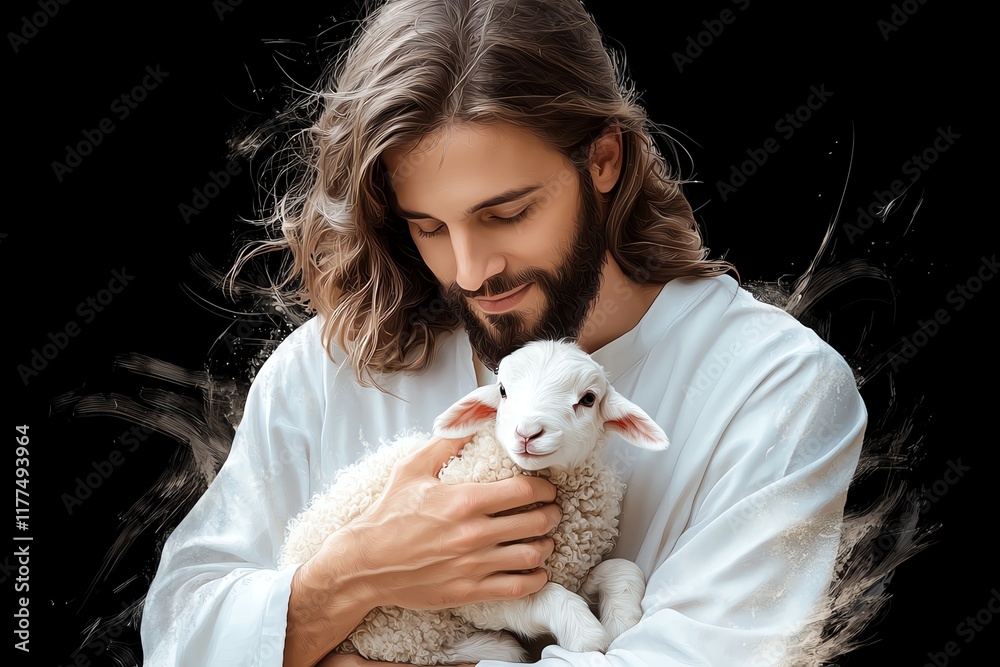 A serene moment captured between a man in traditional attire gently holding a lamb, symbolizing peace and compassion against a dark backdrop. A serene moment captured between a man in traditional attire gently holding a lamb, symbolizing peace and compassion against a dark backdrop.