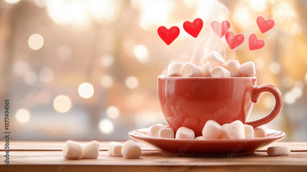 steaming cup of hot chocolate with marshmallows and hearts steaming cup of hot chocolate with marshmallows and hearts
