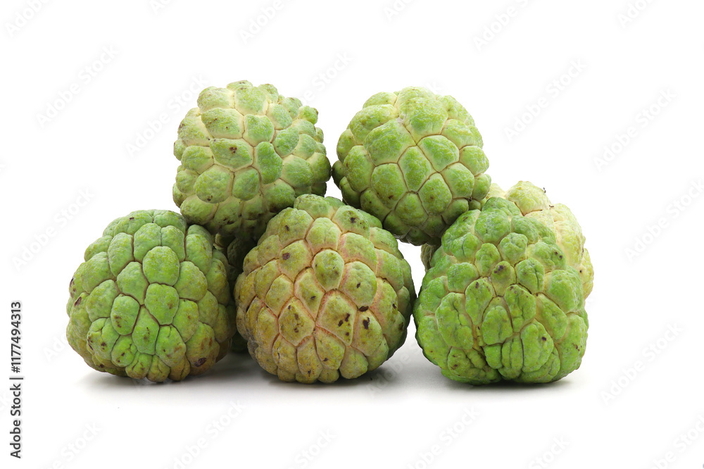Fototapeta premium Sugar apple isolated on white background, exotic tropical Thai annona or cherimoya fruit, healthy food