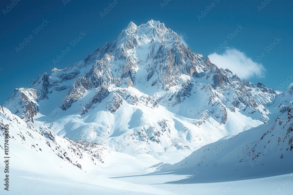 Obraz premium majestic snow-capped mountain range stretching across horizon with crystal clear blue sky above, perfect for adventure sports and outdoor product photography