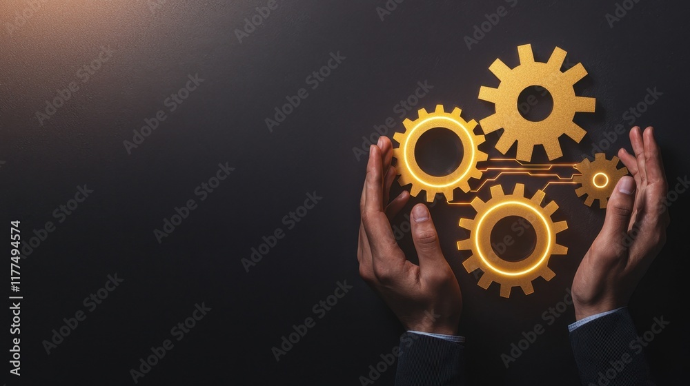 A pair of hands holds golden gears, symbolizing teamwork, innovation, and mechanical processes against a dark background. A pair of hands holds golden gears, symbolizing teamwork, innovation, and mechanical processes against a dark background.