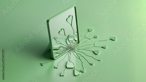 Cracked green mirror with heart patterns, emotional reflection, monochrome tones. Concept for psychology. 