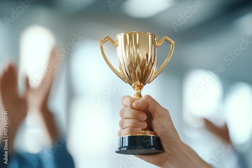 A hand holding a golden trophy with blurred background. Celebratory atmosphere with applauding hands, symbolizing achievement and success. photo