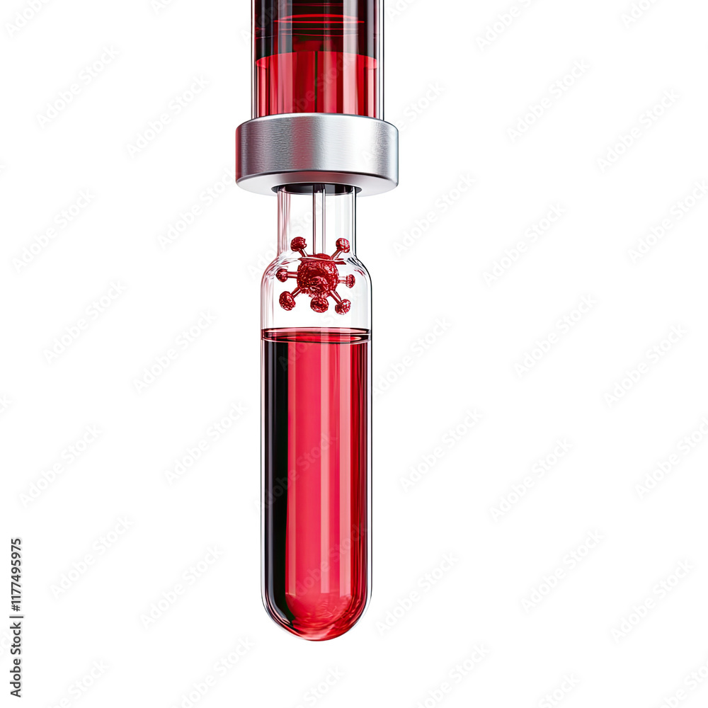 Microscopic Virus Sample in Red Fluid Test Tube Microscopic Virus Sample in Red Fluid Test Tube