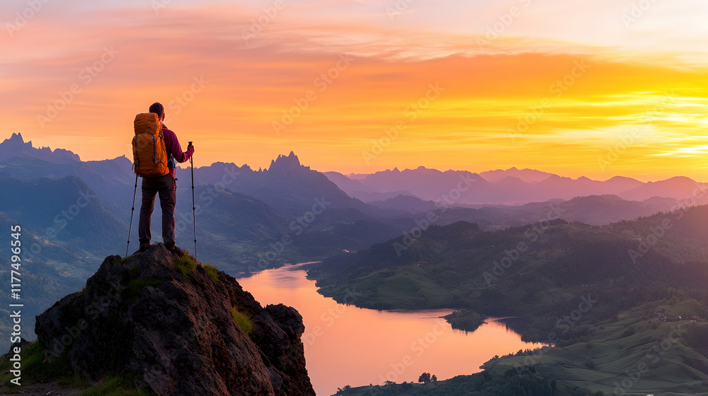 Fototapeta premium Hiker Sunrise Mountaintop Lake View.