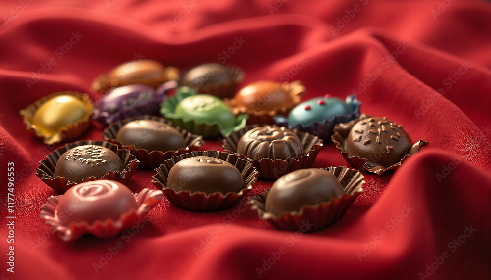Assorted Wrapped Chocolate Candies on Red Fabric for World Chocolate Day Assorted Wrapped Chocolate Candies on Red Fabric for World Chocolate Day