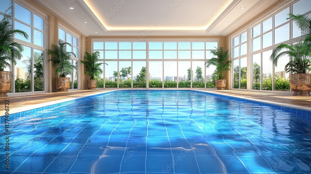 Fototapeta premium Luxurious indoor swimming pool with large windows overlooking city views.