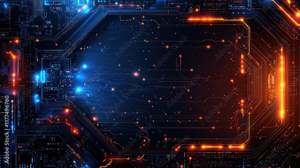 Fototapeta premium Glowing circuit board frame with data flow on dark background, ideal for tech presentations
