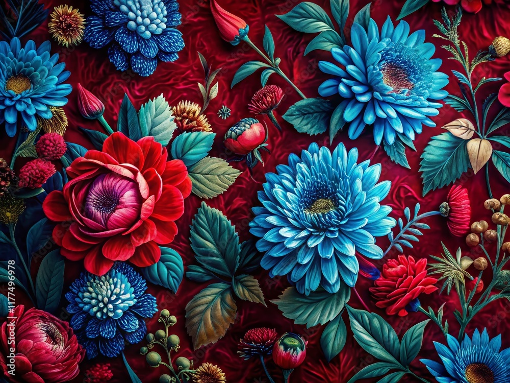 custom made wallpaper toronto digitalLow Light Vibrant Floral Patterns: Deep Red & Soft Blue Background Stock Photo