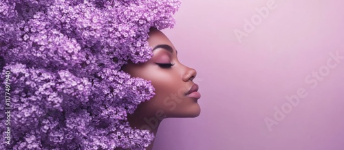 Stunning Profile of a Young Woman Surrounded by Vibrant Lilac Flowers Against a Soft Pink Background Perfect for Copy Space and Text Integration