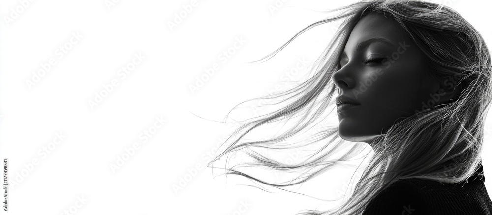 Monochrome portrait of a serene woman with flowing long blonde hair against a white background with ample copyspace for text or design elements Monochrome portrait of a serene woman with flowing long blonde hair against a white background with ample copyspace for text or design elements