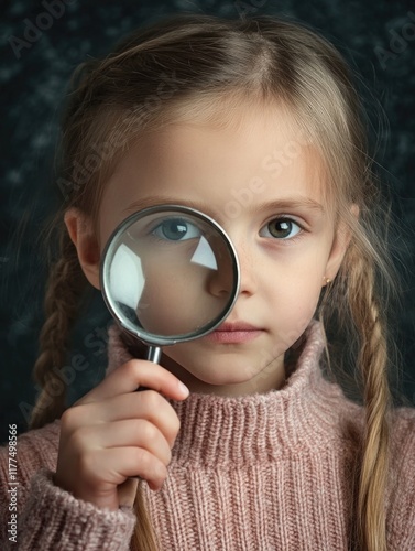 Young girl with braided hair holding a magnifying glass near her face in a soft-focus dark background showcasing copyspace for text