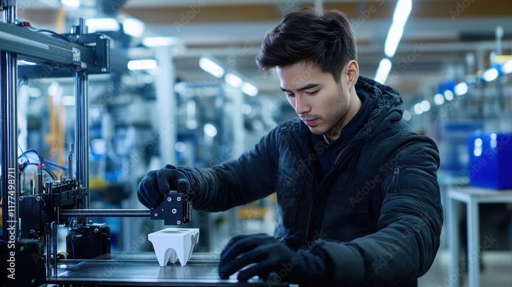 A young man operates a 3D printer in a modern industrial setting. A young man operates a 3D printer in a modern industrial setting.