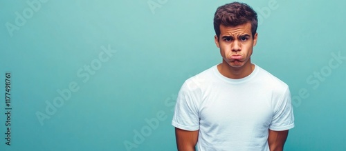 Young Hispanic man with disgusted expression in casual white shirt against teal background exhibiting feelings of aversion and displeasure with empty space for text.