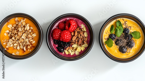 Healthy smoothie bowls topped with fresh fruits, granola, and seeds, presented in a minimalist wellness setting  photo