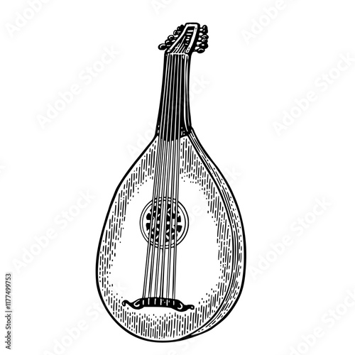 Lute. Vector vintage black monochrome engraving illustration for poster, web. Isolated on white background.