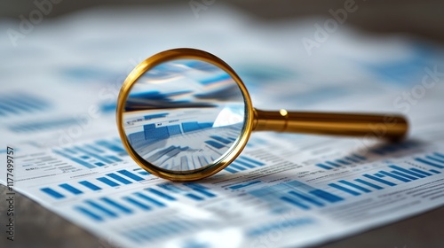 Magnifying glass focused on business charts.