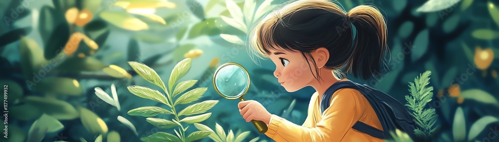 A charming and educational illustration of a girl examining a plant with a magnifying glass, emphasizing sustainability and nature exploration for kids, bright and friendly design A charming and educational illustration of a girl examining a plant with a magnifying glass, emphasizing sustainability and nature exploration for kids, bright and friendly design