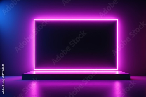 a purple neon frame in a dark room with a light on the floor
