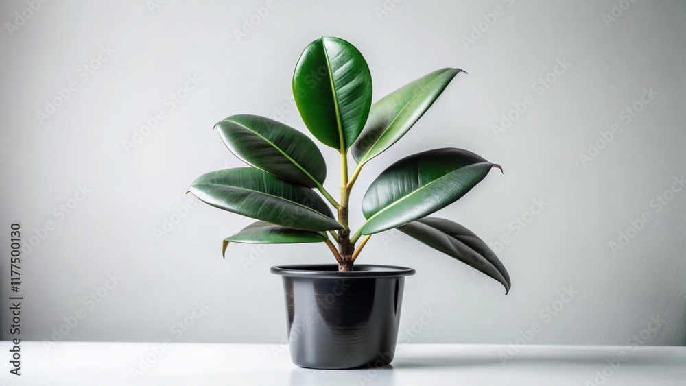 Lush Green Ficus Elastica Plant in Black Pot, Long Exposure Photography, White Background Lush Green Ficus Elastica Plant in Black Pot, Long Exposure Photography, White Background