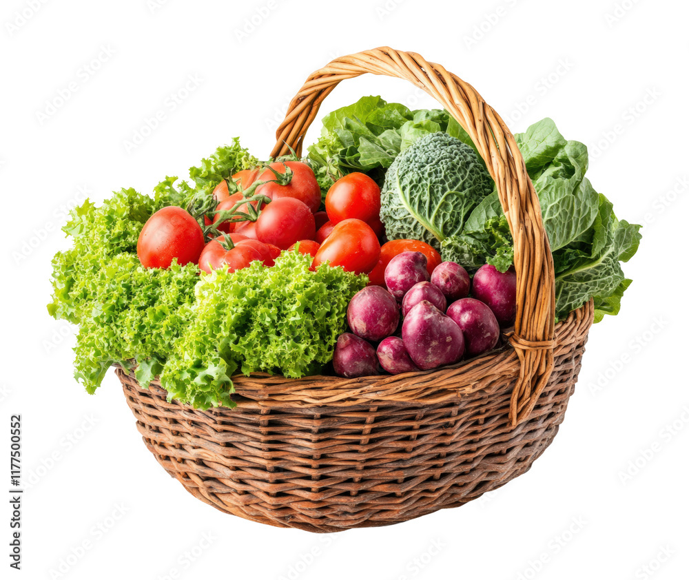 Fototapeta premium Harvest of fresh vegetables and lettuce in a rustic basket captured in high fidelity natural light setting vibrant colors healthy eating concept isolated on transparent background