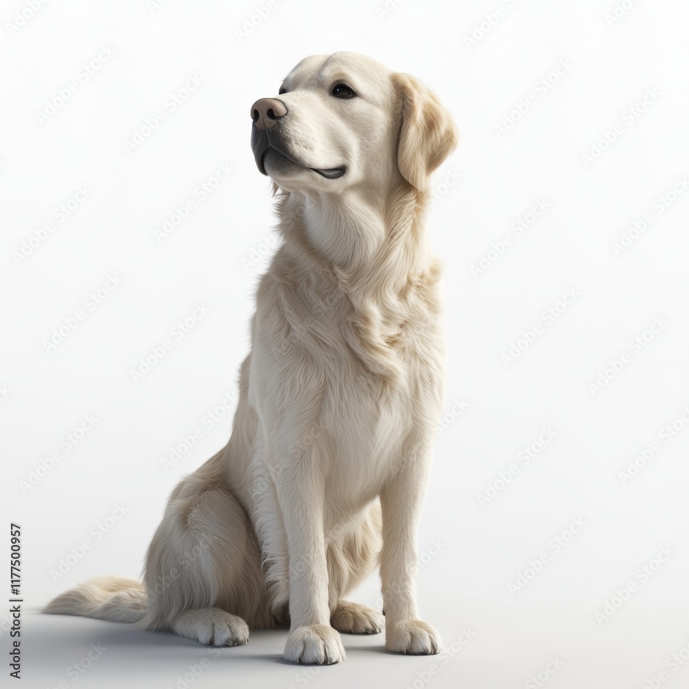 A realistic, detailed 3D rendering of a golden retriever sitting upright on a white background with visible fur texture A realistic, detailed 3D rendering of a golden retriever sitting upright on a white background with visible fur texture