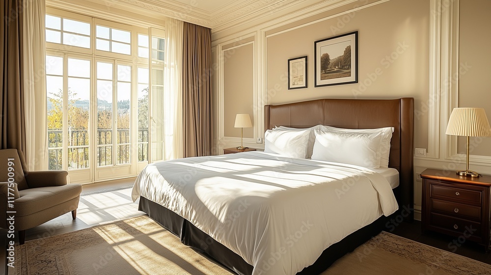 A hotel booking service ad with scenic views of a deluxe suite and a professional concierge A hotel booking service ad with scenic views of a deluxe suite and a professional concierge