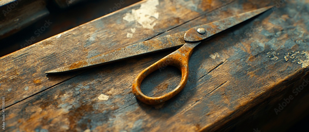 Rusty Scissors on Wooden Surface Rusty Scissors on Wooden Surface